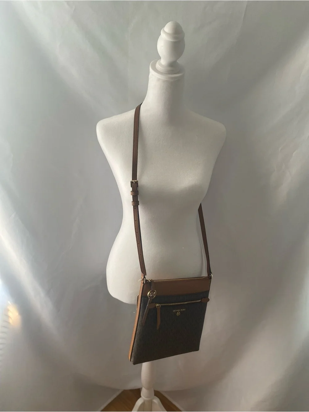 Michael Kors Brown Monogram Crossbody with Tan Trim and Gold Hardware